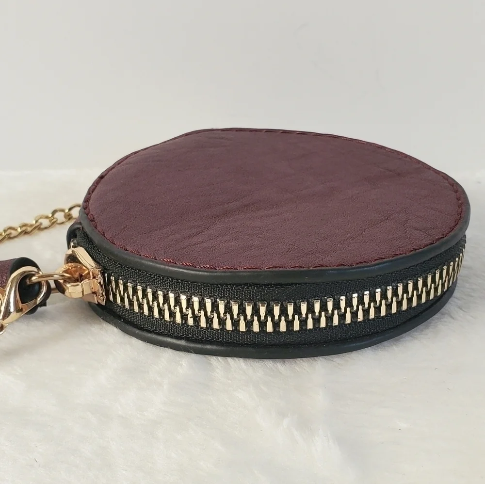 LEATHER Circular Round Shell Deep Burgundy Red Gold Chain Wristlet Purse